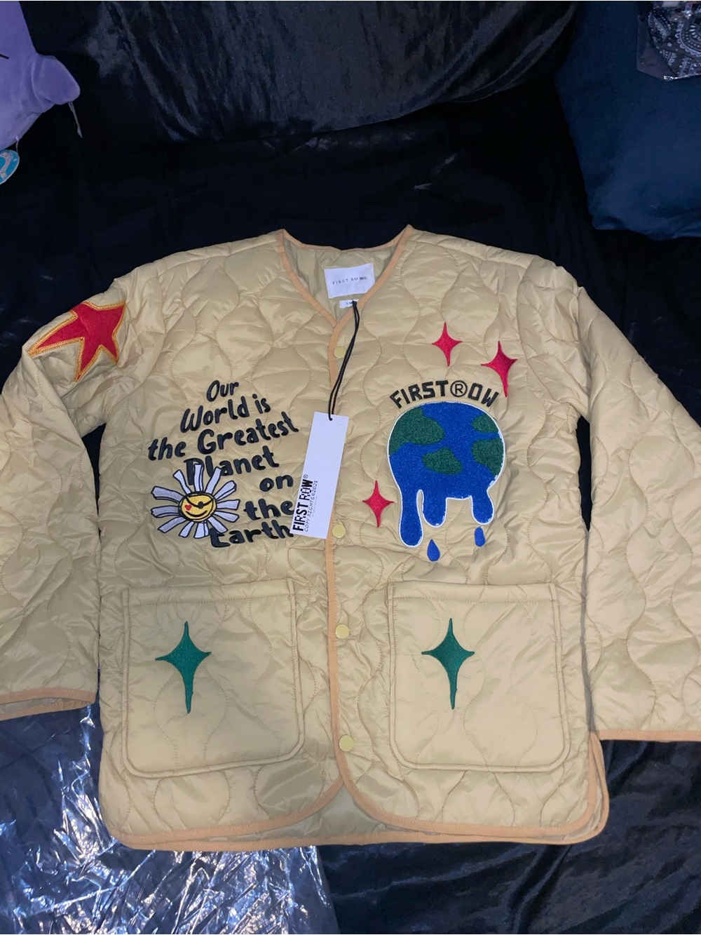 First Row Beige Quilted Patchwork Puffer Jacket